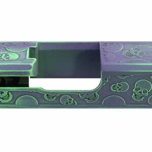 Crushed Orchid & Parakeet Green Cerakote Skulls Deep Engraved Glock 17 Standard One-Off Slide